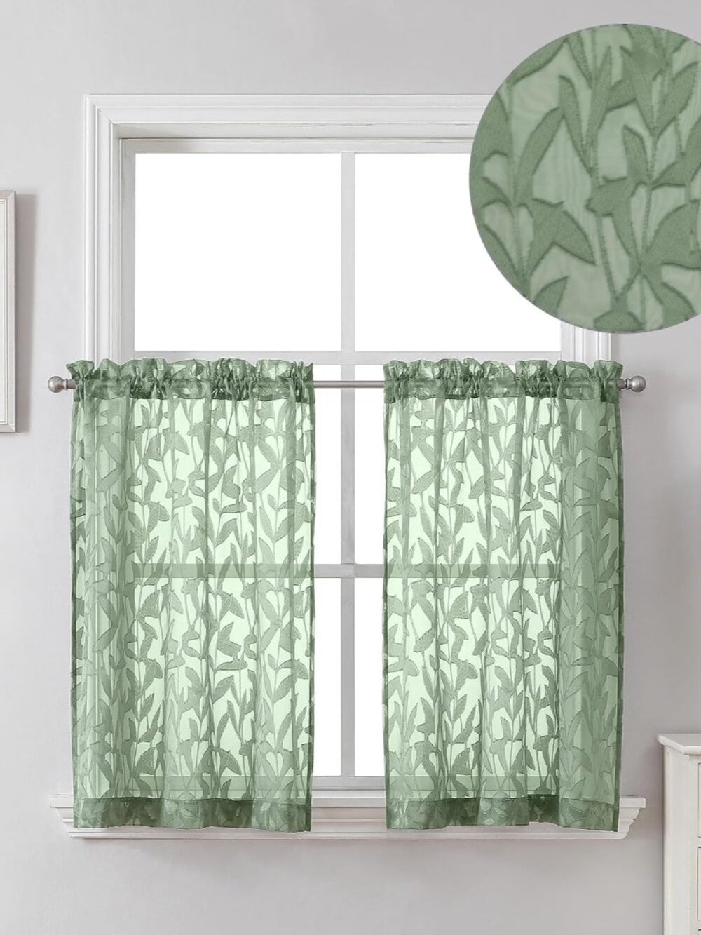 Sage Green Sheer Curtains 36 Inch Length for Small Windows, 2 Pcs